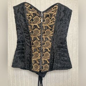 Women’s Black Gold Bustier Corset Goth Glamour Merry Widow LRG Halloween Lacing